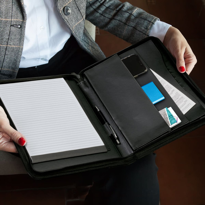 A black leather portfolio with a sleek design, featuring a logo on the front. Suitable for office and business use.