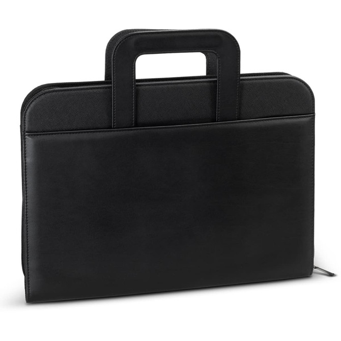 A black portfolio case with a top handle and a smooth finish, featuring an exterior pocket.