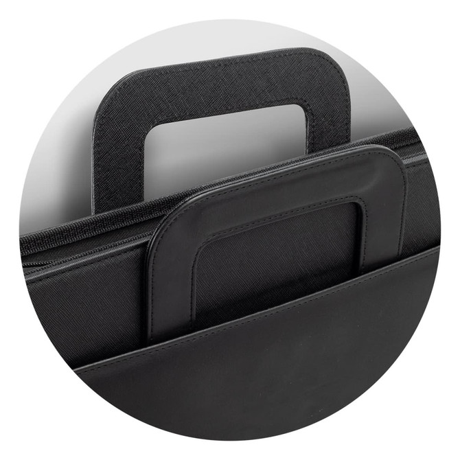 A black portfolio case featuring a dual handle design, suitable for carrying documents and materials.