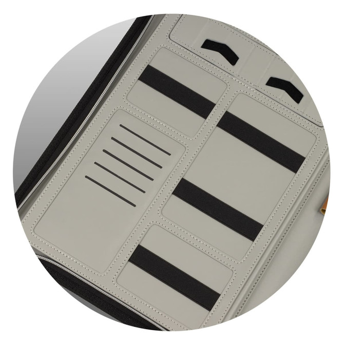 A grey Nirvana Portfolio featuring multiple pockets and elastic bands for secure storage. It includes a branding logo.