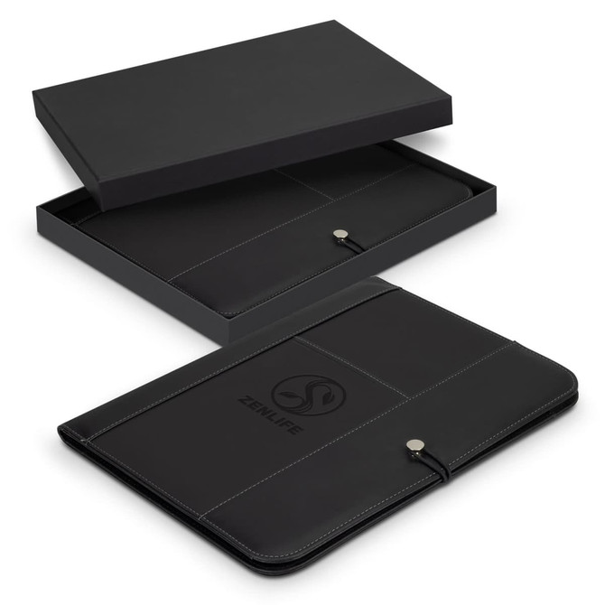 A black portfolio with a logo, displayed inside an open black box, showcasing its elegant design.