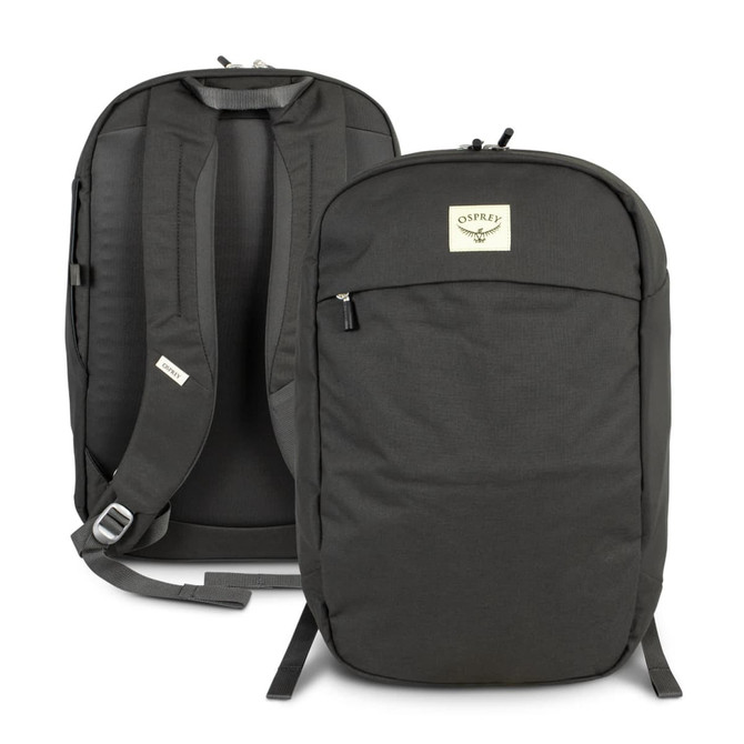 A dark green backpack with padded shoulder straps and a front zip pocket. It features a logo on the front.