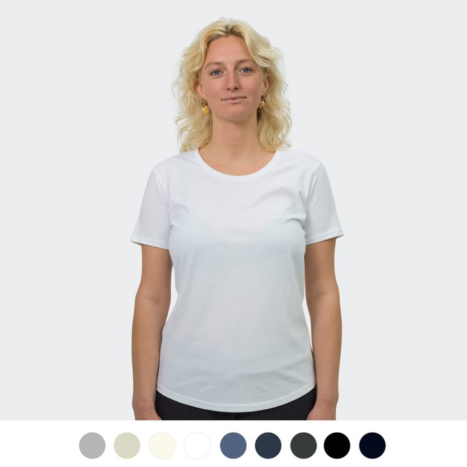 A white women's T-shirt featuring a round neck, short sleeves, and a logo. Available in various colours below.