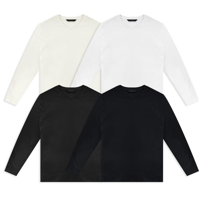 Four long sleeve crew shirts in black, white, and cream, arranged in pairs, featuring a subtle logo.