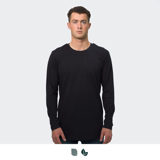 A long sleeve crew shirt in black, featuring a simple design and a logo. The model is standing upright.