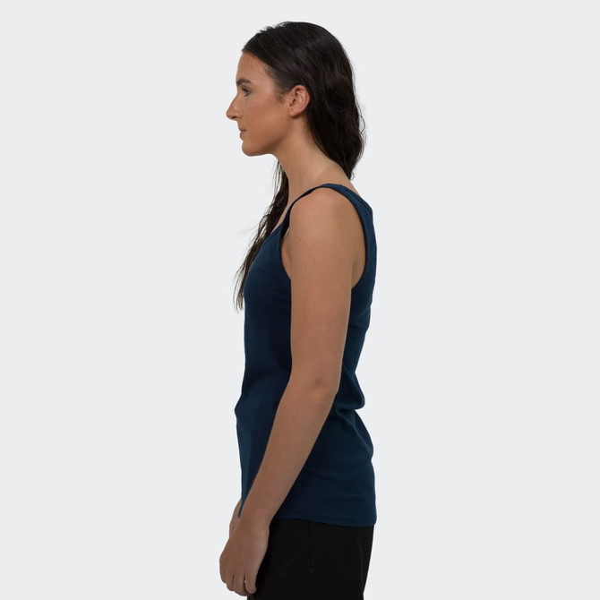 A side view of a navy blue TRENDSWEAR Relay Women's Tank Top, featuring a simple design and straps. It has a logo.