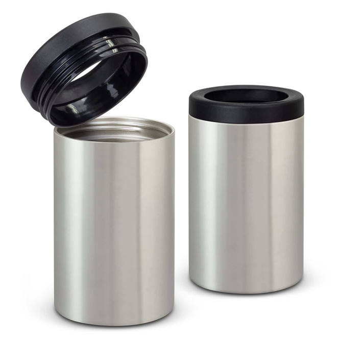 A drink bottle cooler in silver with a black lid, featuring a sleek, cylindrical design.