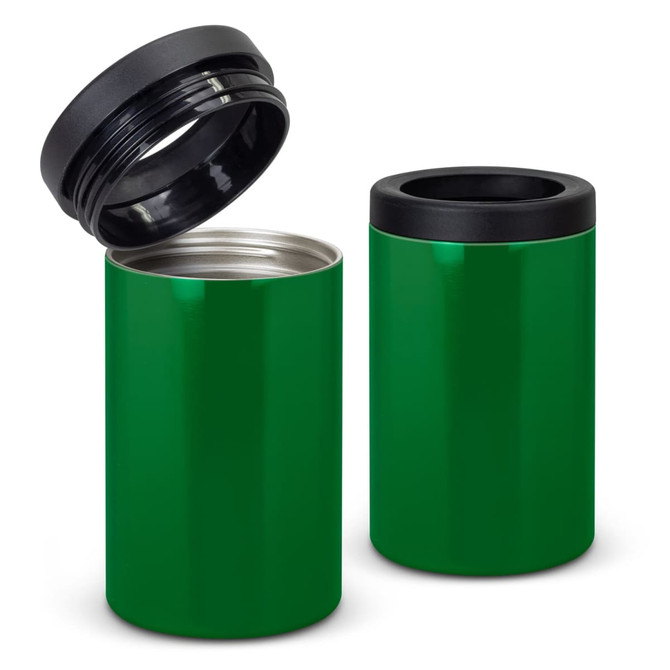 A drink bottle in vibrant green with a black lid, featuring a vacuum-sealed design.