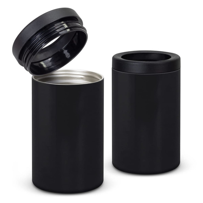 A drink bottle cooler in matte black with a screw-top lid, featuring a sleek design and a metal interior.