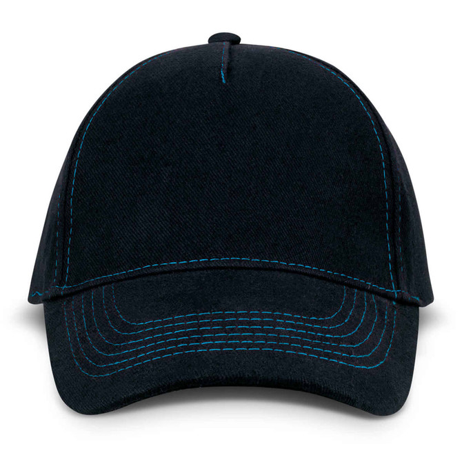 A black cap featuring contrasting blue stitching and a solid, structured design. It has a logo on the front.