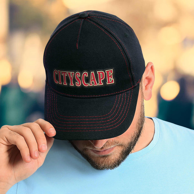 A black cap with red stitching, featuring the word "CITYSCAPE" in bold lettering on the front.