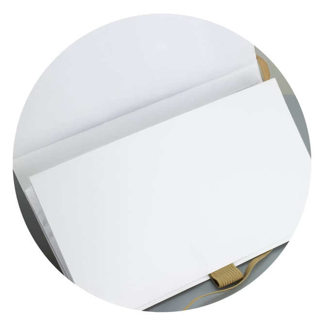 A white Beaumont Stone Paper Notebook featuring blank pages and a ribbon bookmark, with a soft cover.