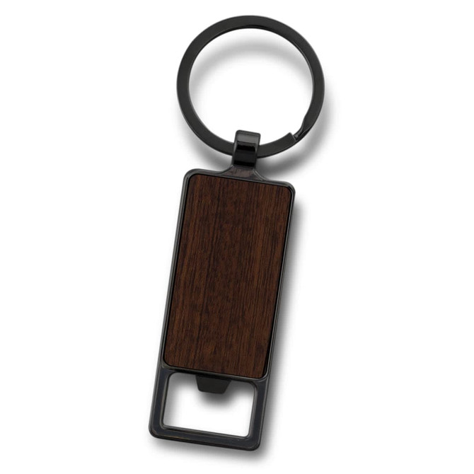 A drink bottle opener key ring featuring a sleek black metal design with a wooden centrepiece.