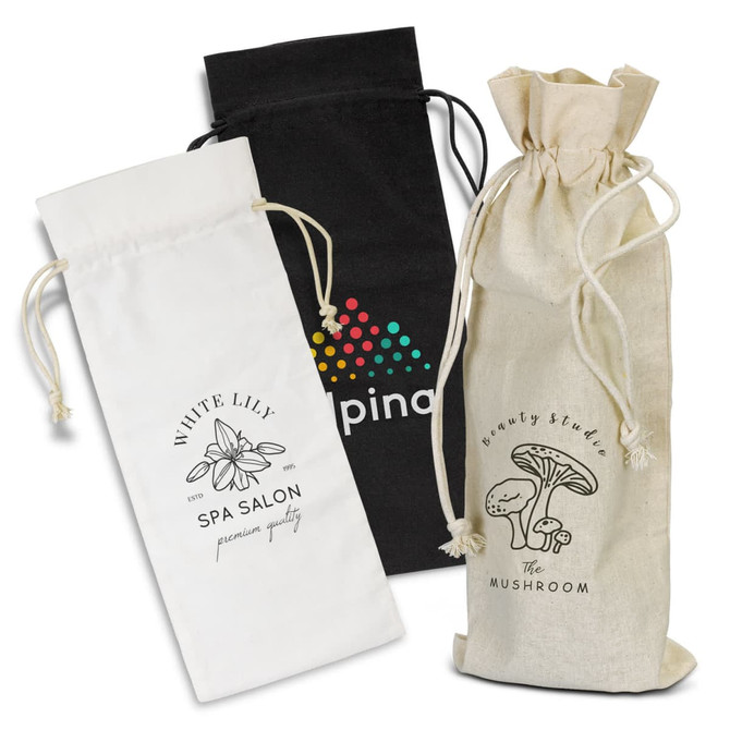 Three cotton drawstring bags in black, white, and natural, featuring different designs and logos.