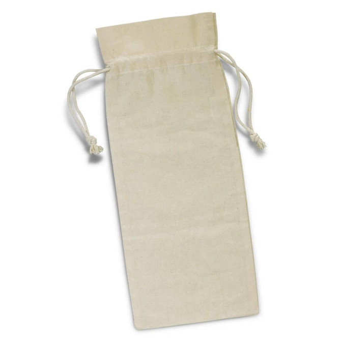 A cream cotton drawstring bag featuring a logo, designed to hold a wine bottle.