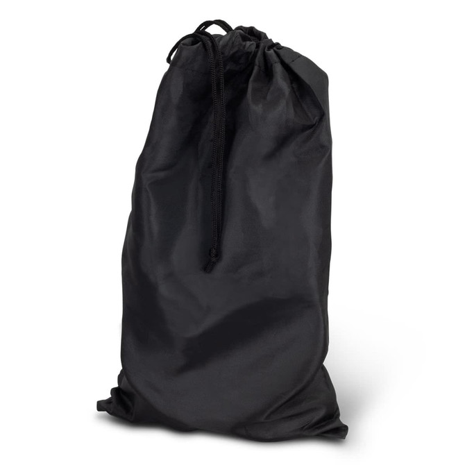 A black drawstring bag made of fabric, suitable for carrying sports equipment or accessories.