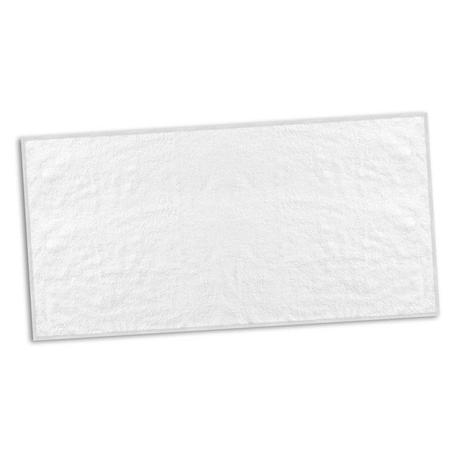 A full-colour white beach towel with a textured surface and an embedded logo or branding feature.