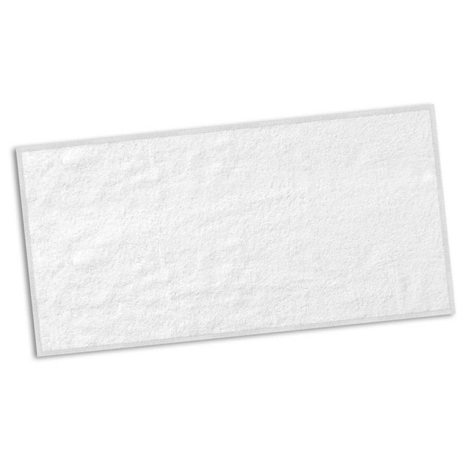 A white gym towel with a textured surface, featuring a neat border and a logo in one corner.