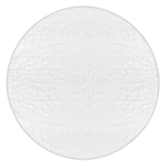 A round, full-colour beach towel in white with a textured surface, featuring a logo.
