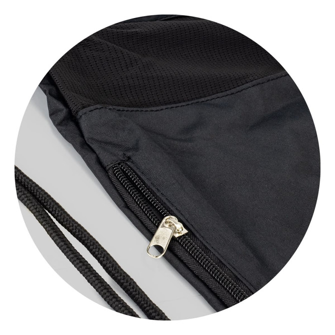 A black drawstring backpack with a zippered pocket and textured fabric detail, featuring matching black cords.