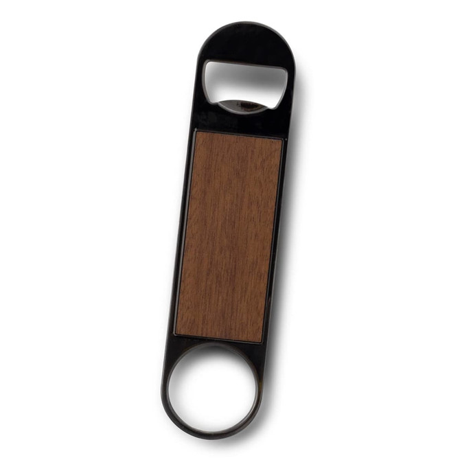 A drink bottle opener in black and wood with a circular end and a logo.