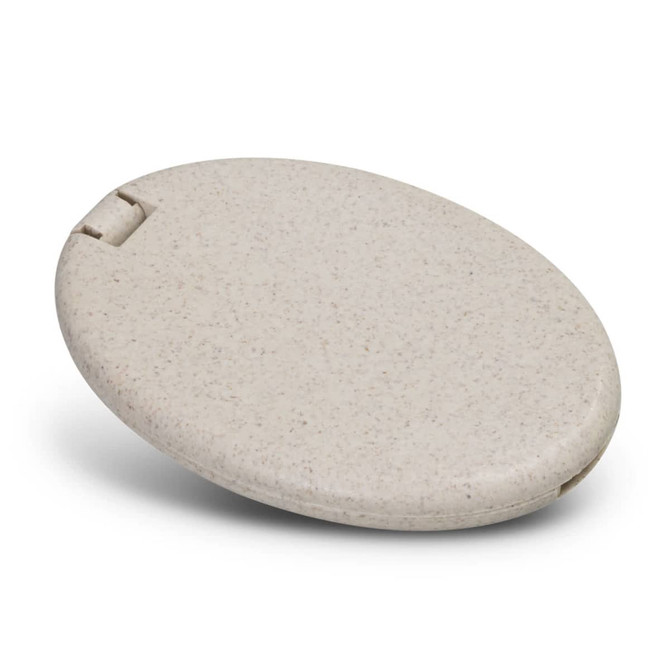 A compact sewing kit in a light beige case, oval-shaped with a smooth finish and a small clasp.