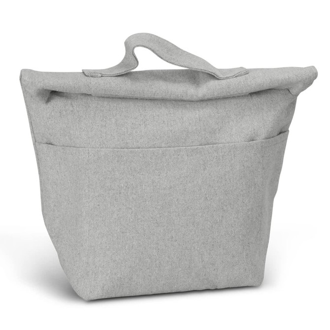 A grey cooler bag with a foldover top and a single exterior pocket, featuring a sturdy handle.
