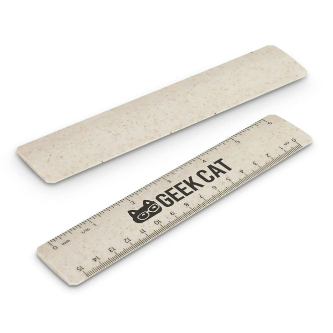 A 15cm ruler in a beige colour with a logo. Featured is a straight edge for measuring.