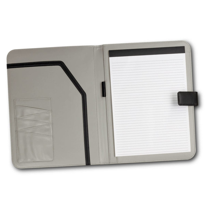 A grey Hartford Portfolio featuring a notepad and a pocket for documents, with a black accent and logo.