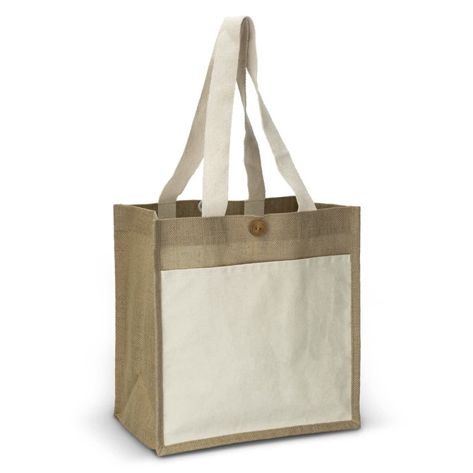 A jute tote bag in natural brown, featuring a plain cream panel and sturdy handles. It has a button closure.