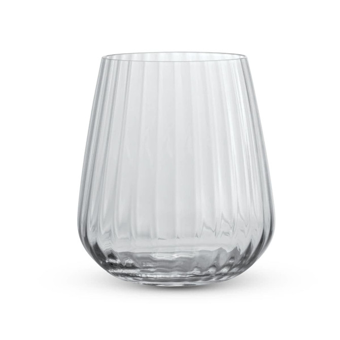 A clear, ribbed glass tumbler with a stemless design, ideal for serving beverages.