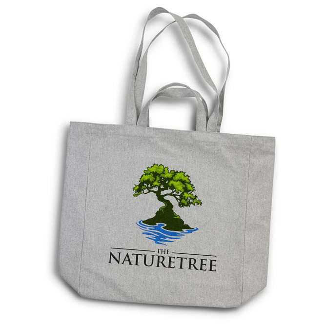 A grey tote bag with two handles featuring a tree and water design, along with a logo.