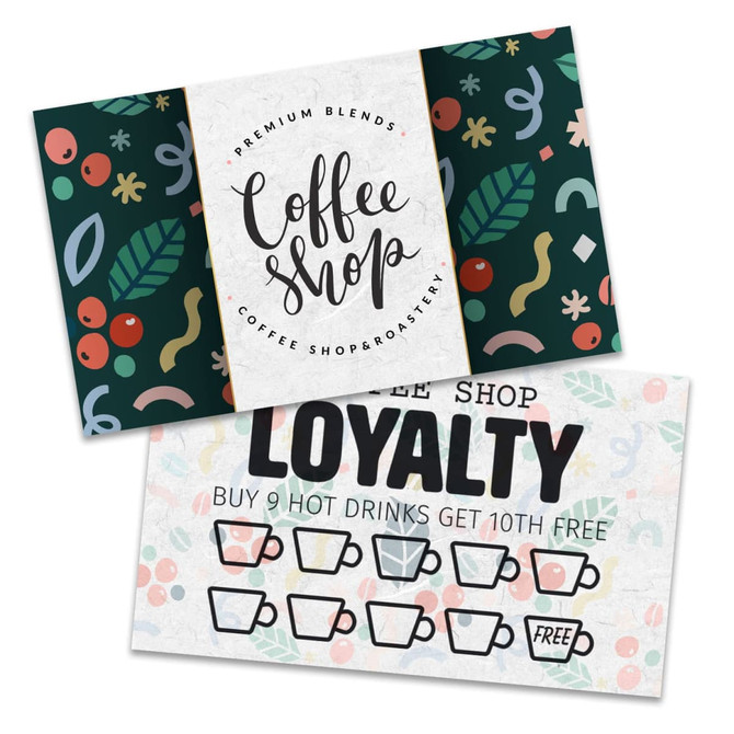 A loyalty card featuring vibrant colours, a coffee shop theme, and a decorative design with assorted patterns.
