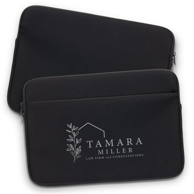 A black laptop sleeve featuring a logo on the front, with a smooth zip closure and a sleek design.