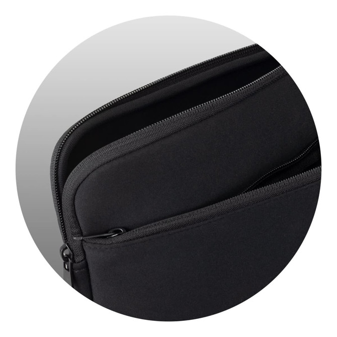 A black laptop sleeve featuring a zip closure and a smooth exterior, designed for protection and convenience.
