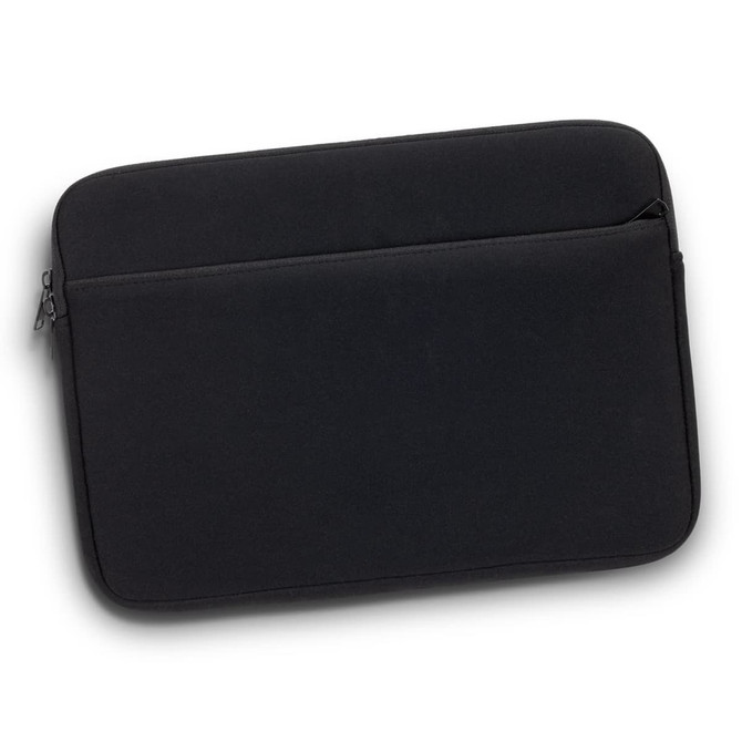 A black laptop sleeve with a zip closure and an additional front pocket, including a logo.