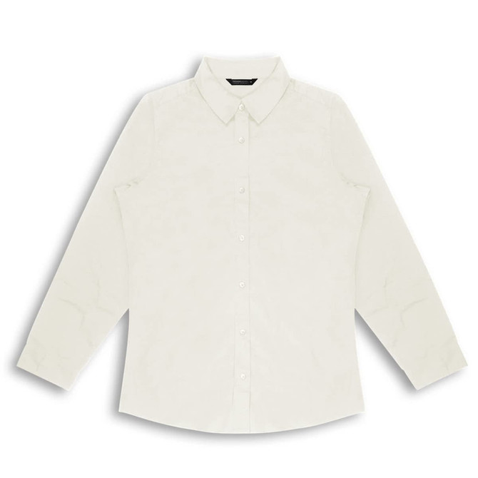A button-up women's poplin shirt in a light cream colour with a collar and long sleeves. Features a logo.