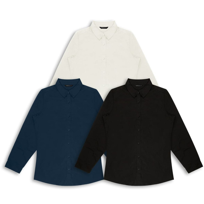 Three button-up shirts displayed: one in white, one in navy, and one in black, featuring a collar and long sleeves.