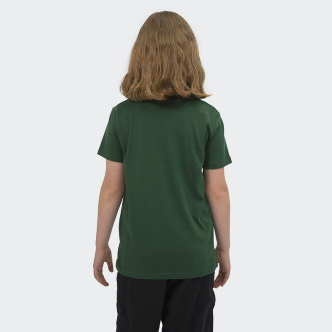 A green youth t-shirt with short sleeves, displayed from the back, featuring a simple design and branding.