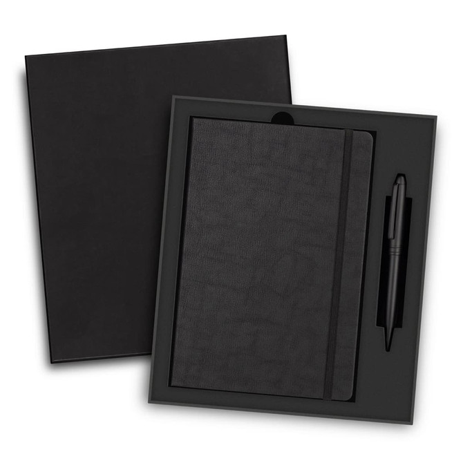 A black writing set featuring a notebook and pen, presented in a sleek black gift box with a logo.