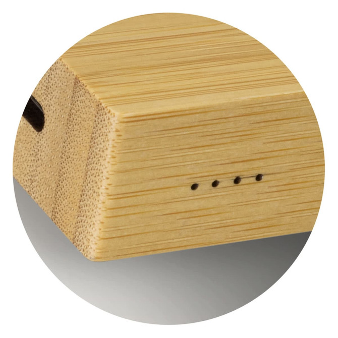 A bamboo solar power bank with a smooth wooden finish, featuring indicator lights and a logo.