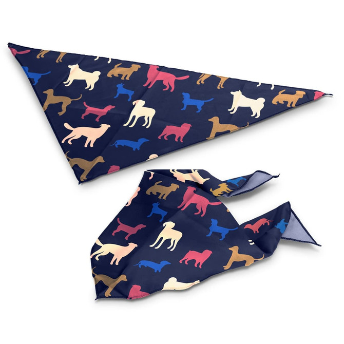 A medium pet bandana in navy blue featuring a colourful pattern of various dog silhouettes. Includes a logo.