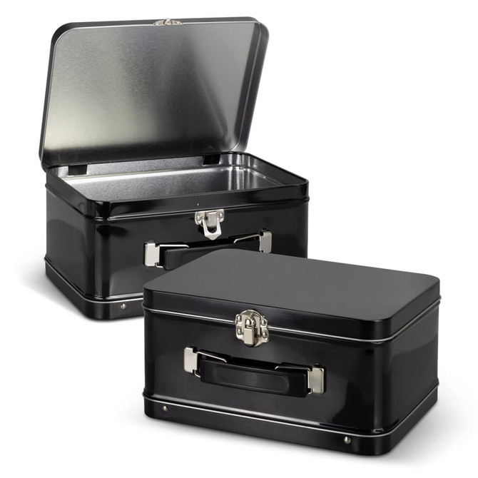 A black tin lunch box with a hinged lid, featuring a shiny interior and metal clasps.