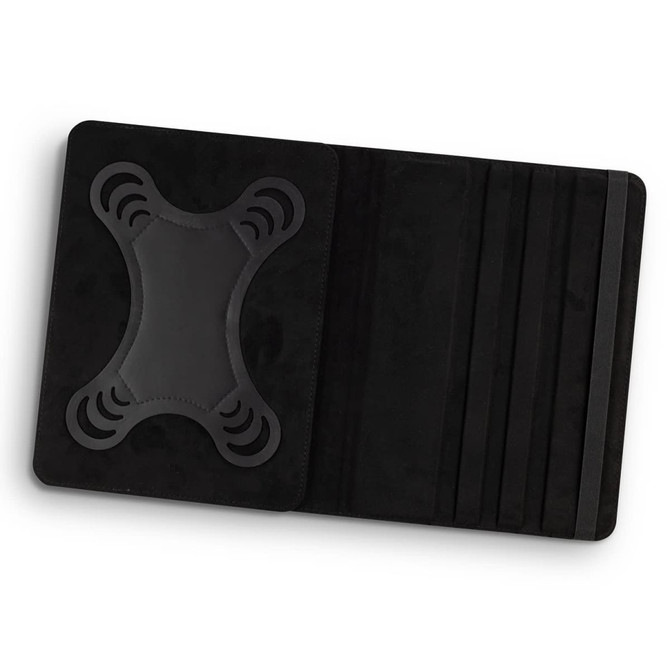 A black tablet case with a textured interior and a holder design. It features multiple slots for accessories.