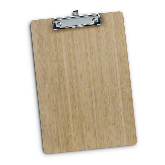 A bamboo clipboard with a silver metal clip, showcasing a natural wood finish and smooth surface.