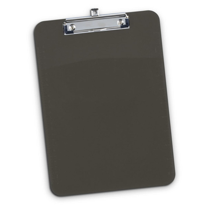 A dark grey clipboard with a silver metal clip and ruler markings along the edges.