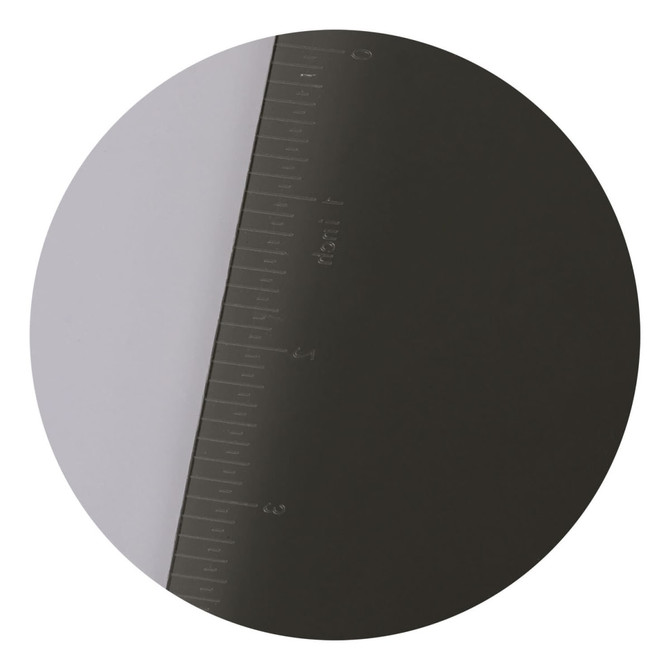 A black ruler clipboard featuring a clear measuring ruler on the edge, with a logo visible.