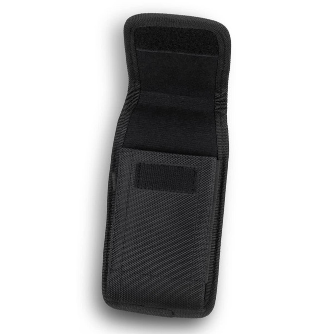 A black phone pouch with a textured exterior, featuring Velcro closures and a compact design. It has a logo on it.