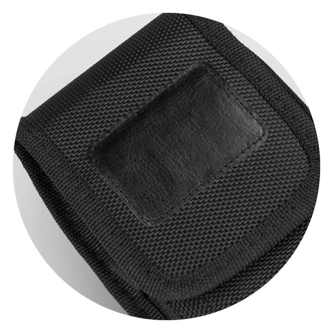 A black phone pouch with a textured design and a smooth patch area, featuring a logo on the front.