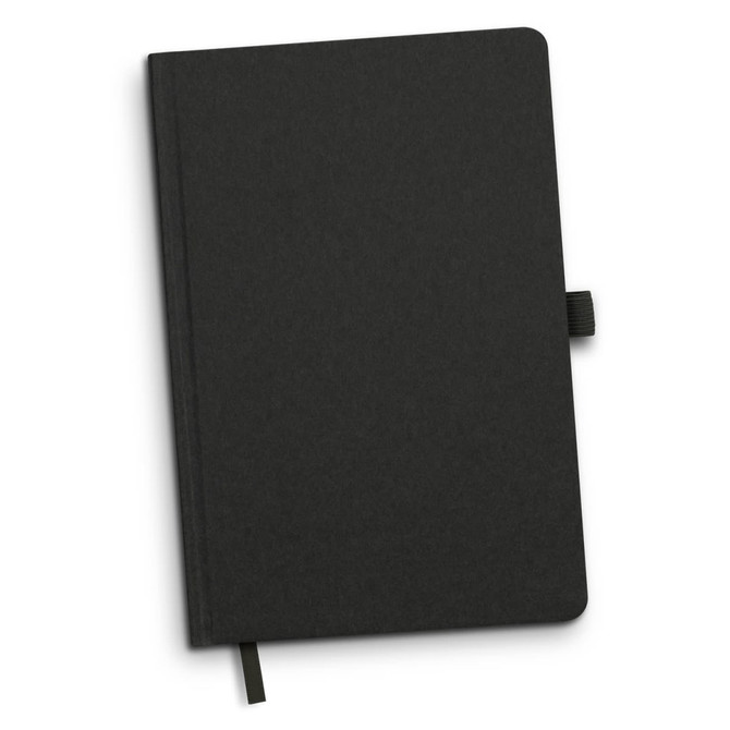 A black notebook with a textured cover, featuring a ribbon bookmark and an elastic closure. It has a logo on the cover.